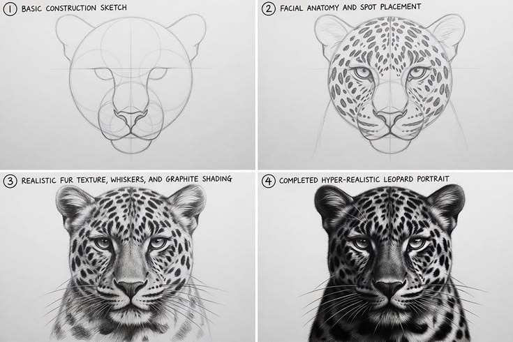 Four-stage realistic leopard face pencil tutorial
